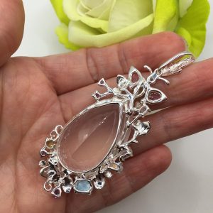 Кулон серебро природный розовый кварц + ларимар + турмалин + хризолит