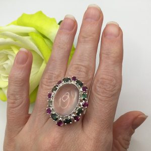 Коктейльное кольцо серебро природный розовый кварц + турмалин + родолит