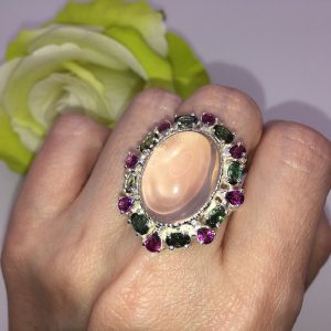 Коктейльное кольцо серебро природный розовый кварц + турмалин + родолит