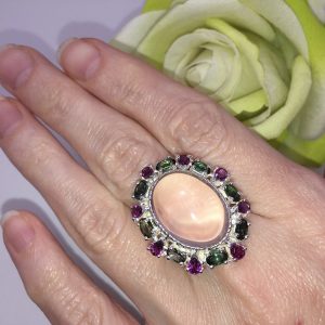 Перстень серебро натуральный розовый кварц + турмалин + родолит