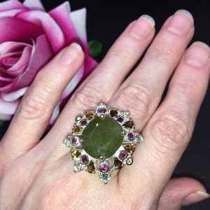 Кольцо серебро природный зелёный сапфир + турмалин + топаз + родолит