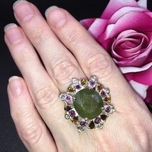 Перстень серебро натуральный зелёный сапфир + турмалин + топаз + родолит