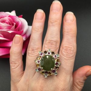 Перстень серебро натуральный зелёный сапфир + турмалин + топаз + родолит