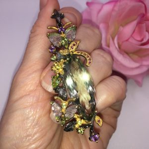 Кулон серебро природный зелёный аметист (празиолит) + турмалин + хризолит + родолит