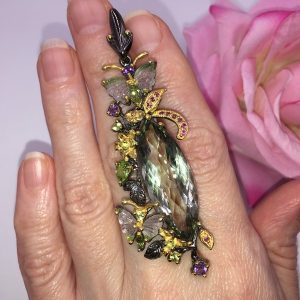 Подвес серебро натуральный празиолит + турмалин + хризолит + родолит