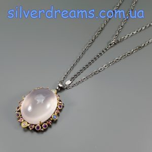 Кулон + цепочка серебро природный розовый кварц и мульти