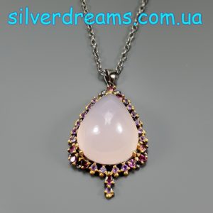 Кулон + цепочка серебро природный розовый кварц и мульти