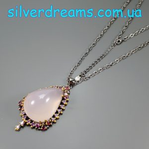 Колье серебро природный розовый кварц + аметист + родолит