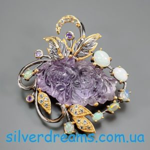 Брошь серебро природный аметист опал топаз