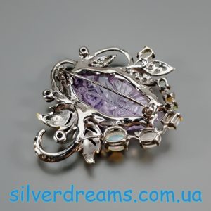 Брошь серебро натуральный аметист + опал + топаз