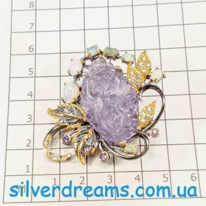 Брошь серебро натуральный аметист + опал + топаз