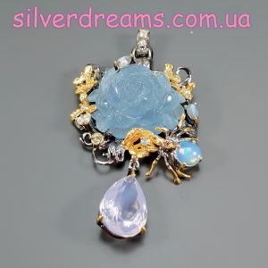 Подвес серебро натуральный аквамарин + лавандовый кварц + опал + лунный камень