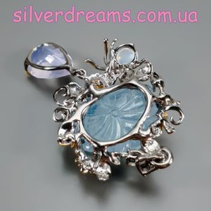 Кулон серебро природный аквамарин + лавандовый кварц + опал + адуляр