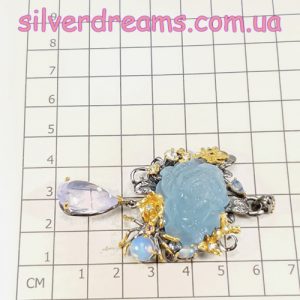 Кулон серебро природный аквамарин + лавандовый кварц + опал + адуляр