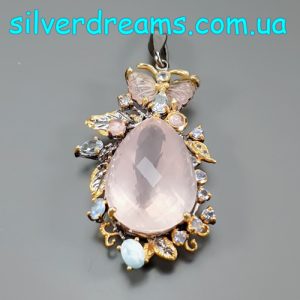 Подвес серебро натуральный розовый кварц + турмалин + ларимар + топаз