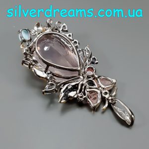 Кулон серебро природный розовый кварц + турмалин + ларимар + топаз