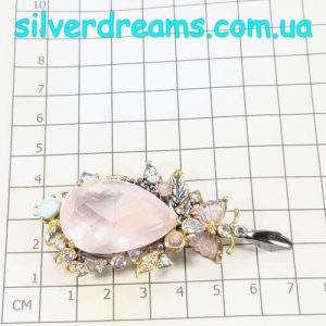 Кулон серебро природный розовый кварц + турмалин + ларимар + топаз