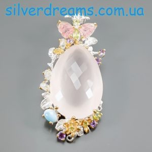 Подвес серебро натуральный розовый кварц + турмалин + ларимар + хризолит