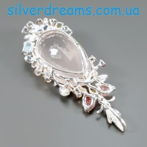 Кулон серебро природный розовый кварц + турмалин + ларимар + хризолит