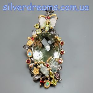Кулон серебро природный празиолит + турмалин + опал + хризолит