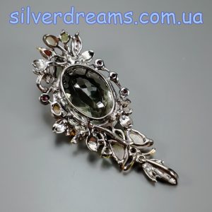 Подвес серебро натуральный празиолит + турмалин + опал + хризолит