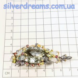 Подвес серебро натуральный празиолит + турмалин + опал + хризолит