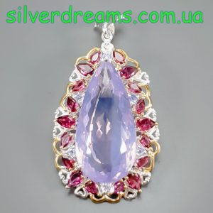 Кулон серебро природный лавандовый кварц + родолит + танзанит
