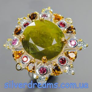 Перстень серебро натуральный зелёный сапфир + турмалин + топаз + родолит