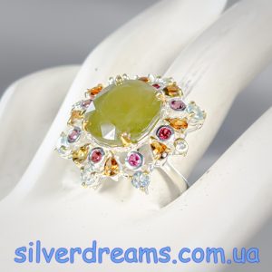 Кольцо серебро природный зелёный сапфир + турмалин + топаз + родолит