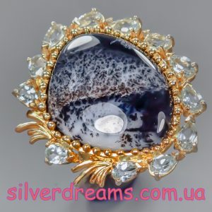 Перстень серебро натуральный дендритовый опал + голубой топаз