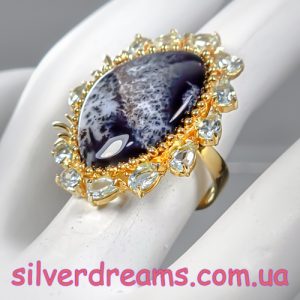 Кольцо серебро природный дендритный опал и голубой топаз