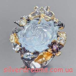 Кольцо серебро природный аквамарин + топаз + сапфир + аметист