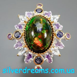 Перстень серебро натуральный радужный чёрный опал + иолит + топаз + аметист