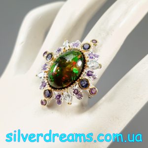 Кольцо серебро природный чёрный опал + иолит + топаз + аметист