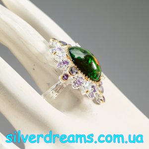 Кольцо серебро природный чёрный опал + иолит + топаз + аметист