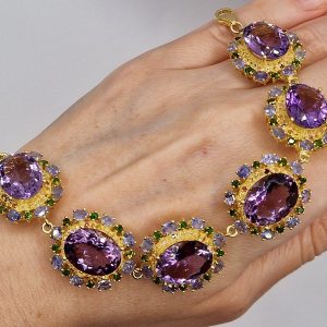 Браслет серебро природный аметист + диопсид + танзанит