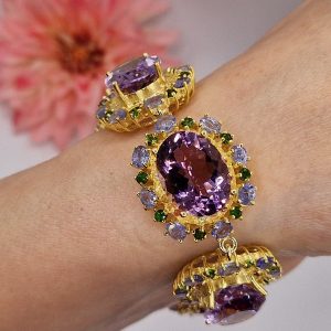 Браслет серебро натуральный аметист + диопсид + танзанит