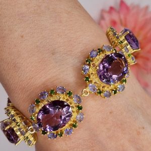 Браслет серебро природный аметист + диопсид + танзанит