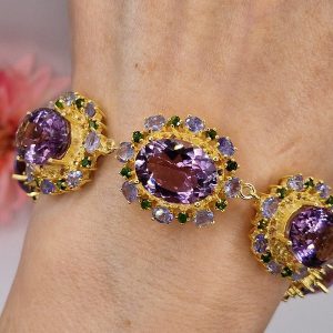 Браслет серебро натуральный аметист + диопсид + танзанит