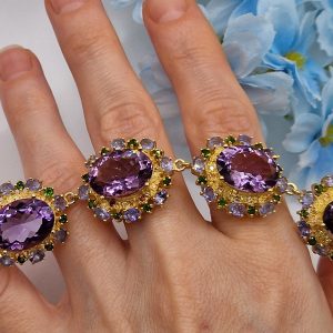 Браслет серебро природный аметист + диопсид + танзанит