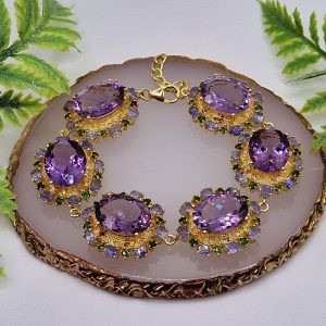 Браслет серебро натуральный аметист + диопсид + танзанит