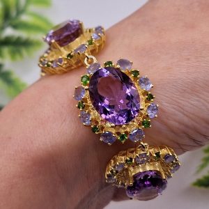 Браслет серебро природный аметист + диопсид + танзанит