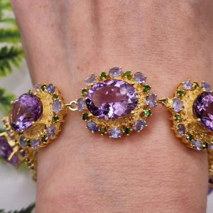 Браслет серебро натуральный аметист + диопсид + танзанит