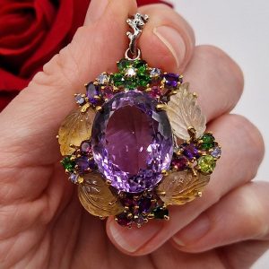 Подвес серебро натуральный аметист + цитрин + родолит + диопсид + танзанит