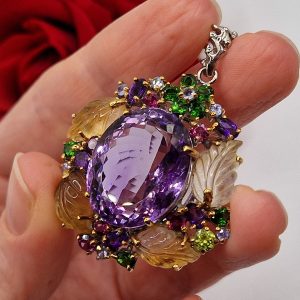 Подвес серебро натуральный аметист + цитрин + родолит + диопсид + танзанит