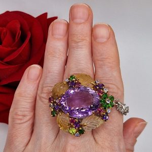 Кулон серебро природный аметист + цитрин + диопсид + родолит + танзанит