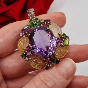 Кулон серебро природный аметист + цитрин + диопсид + родолит + танзанит