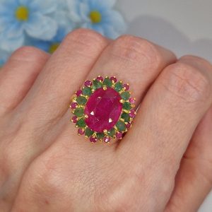 Кольцо серебро природный рубин + изумруд