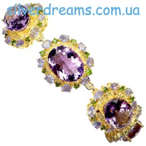 Браслет серебро натуральный аметист + танзанит + диопсид
