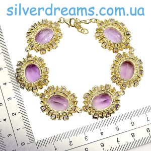 Браслет серебро натуральный аметист + танзанит + диопсид